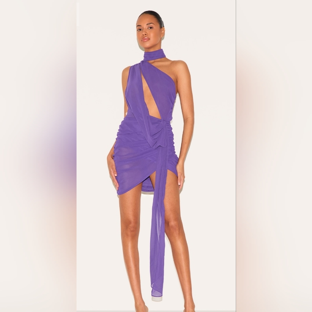 PrettyLittleThing Purple Sheer Chiffon Ruched Detail Asymmetric Drape